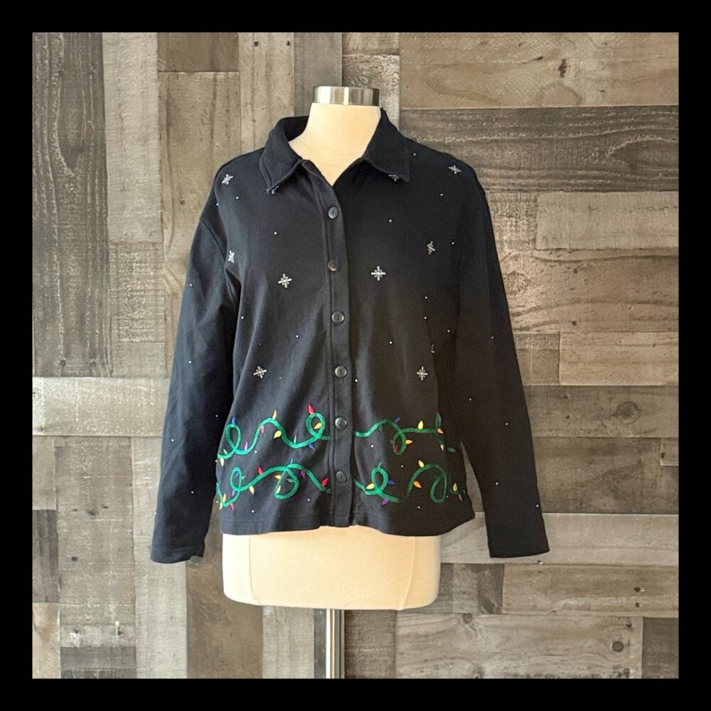Bechamel vintage 90s black shirt large Christmas lights snowflakes holiday party